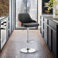 George Oliver Aurick Mid-Century Adjustable Height Bar Stool with Pedestal Metal Base in Faux Leather and Plywood