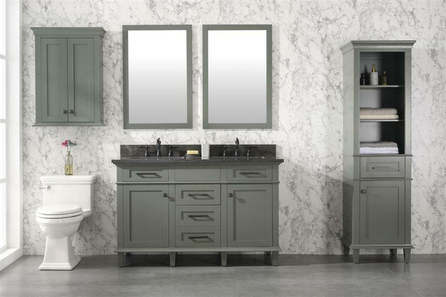 30, 36, 54, 60, 72 & 80 Pewter Green Vanity w 2 CT Choice  (Blue Limestone or Carrara White Marble) (Mirror, OJ & Linen) in Cabinets & Countertops - Image 4