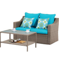 Ebern Designs Outdoor Wicker PE Rattan Patio Double Couch Set With Coffee Table, Patio Sofa