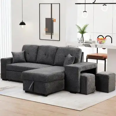 Ebern Designs Modern L-Shape 3 Seat Reversible Sectional Couch, Pull Out Sleeper Sofa With Storage Chaise And 2 Stools