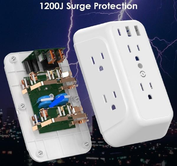 6-Outlet Wall Tap Surge Protector with 3 Fast Charger Ports (2USB-A + 1USB-C) - ETL Listed - White in General Electronics - Image 4