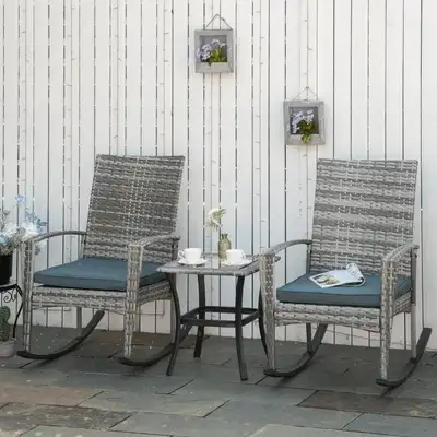 3pc PE Rattan Wicker Bistro Dining Set w Table, 2 Rocking Chairs, Cushions Outdoor Patio, Grey