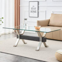 Wrought Studio Tea Table.Dining Table.Contemporary Tempered Glass Coffee Table With Plating Metal Legs And MDF Crossbar,