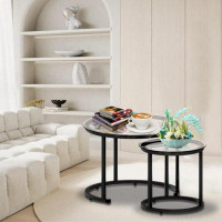 VEENOVA Black Nested Coffee Glass Table Set Of 2, Metal Frame Edge Coffee Table, Living Room, Bedroom, Apartment