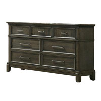 Benjara Ston 63 Inch Wide Dresser Chest, 7 Drawers, Pewter Handles, Wood, Grey