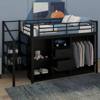 Harriet Bee Sandin Full Size Metal Loft Bed with Drawers, Storage Staircase and Small Wardrobe