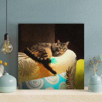 Latitude Run® Brown Tabby Cat On White And Green Floral Sofa - 1 Piece Square Graphic Art Print On Wrapped Canvas