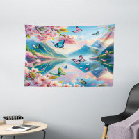 Highland Dunes Highland Dunes Lake Tapestry Wall Hanging Butterflies Cherry Blossoms Pink Sky Blue Green_sd1054