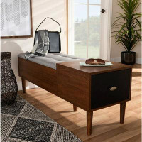 Brayden Studio Maat Mid-century Retro Modern 1-drawer 2-tone Oak And Dark Brown Wood Entryway Storage Grey Fabric Cushio