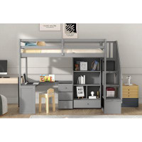 Harriet Bee Twin Size Loft Bed With L-Shaped Desk And Drawers And Cabinet
