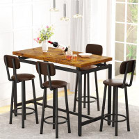 17 Stories Industrial 5 Piece Bar Table And Chair Set For 4, Dining Table Set With PU Upholstered Stools With Backrest,