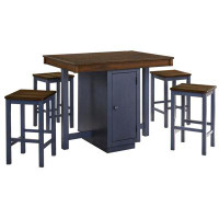 Red Barrel Studio 5 Piece Counter Height Dining Table Set, 4 Stools, Antique Oak, Blue Wood