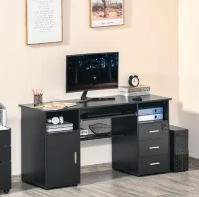 Modern Neutral Computer Desk Drawers Cabinet Shelves Keyboard Tray Office Bedroom Dorm - Black