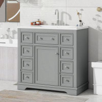 Myhomekeepers 36" Bathroom Vanity With Sink Combo, One Cabinet And Six Drawers, Solid Wood And MDF Board, Green