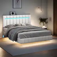 Aufind Upholstered Platform Floating Bed Frame with LED Lights and USB Charging