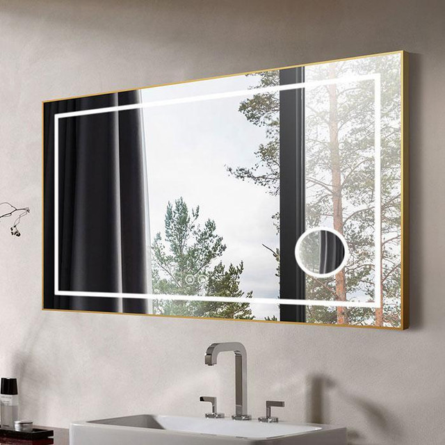 LED Bathroom Mirror (55x36) w Bluetooth Speakers, Touch Button, Anti Fog, Dimmable & Magnifier w Horizontal Mount in Floors & Walls