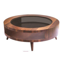 C-DECOR Moon Round Middle Coffee Table With High Shelf Wooden And Glass Inlay - Walnut, 29 Inch