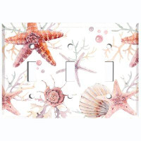 WorldAcc Metal Light Switch Plate Outlet Cover (Star Fish Clam Coral Pastel White  - Triple Toggle)