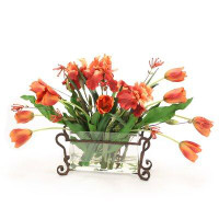 Distinctive Designs Orange Tulips With Iris In Rectangle Glass With Metal Holder
