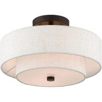 Latitude Run® Transitional 2-light English Bronze Ceiling Mount Fixture With Oatmeal Fabric Shade