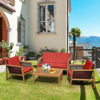 George Oliver George Oliver® 4pcs Patio Rattan Furniture Set Acacia Wood Cushioned Sofa Red