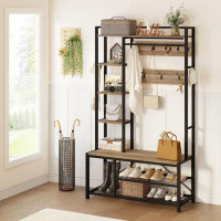 Rubbermaid Farmhouse Hall Tree For Entryway, Mudroom Bench With Shoe Storage, Large Coat Rack Shoe Bench With 5 Tier Ope