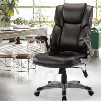 Latitude Run® High Back Executive Office Chair, Ergonomic Computer Desk Leather Chair With Upholstered Flip Arm, Adjusta