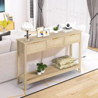 Bay Isle Home™ 51" Console Table, Oak Grain Sofa Table With Wood Frame, Rustic Hallway Table With 3 Bamboo Weaving Stora