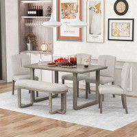 Red Barrel Studio 6-Piece Retro-Style Dining Set Includes Dining Table, 4 Upholstered Chairs & Bench With Foam-Covered S