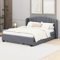 Latitude Run® Queen Size Upholstered Platform Bed with Wingback Headboard, One Twin Trundle and 2 Drawers