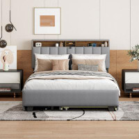 Myhomekeepers Upholstered Platform Bed With Storage Headboard, Twin XL Size Trundle & 2 Drawers And A Set Of Sockets & U