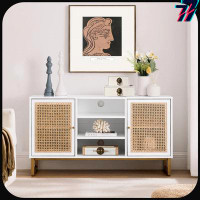 Mercer41 47" Mid-century Modern White Rattan Tv Cabinet, Entertainment Cabinet With Adjustable Shelves