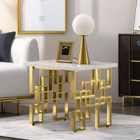 Orren Ellis White And Gold End Table With Polished Metal Geometric Base