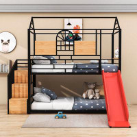 Harper Orchard Padmukh Twin Over Twin Metal Bunk Bed With Slide And Shelves