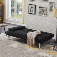 Ebern Designs Modern Convertible Folding Futon Sofa Bed With2 Cup Holders , Fabric Loveseat Sofa Bed With Removable Armr