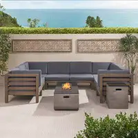 Foundry Select Parquetoutdoor 8 Seater Acacia Wood Sectional Sofa Set With Fire Pit And Tank Holder