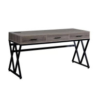 17 Stories Gia 59 Inch Writing Desk, 3 Drawers, USB And Power Outlet, Gray, Sand Black