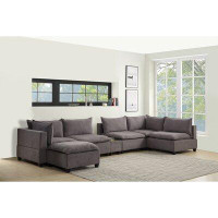 Hokku Designs Aristarchus 7 Piece Modular Sectional Sofa Chaise With USB Storage Console Table In Dark Grey