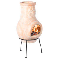 Bungalow Rose Outdoor Beige Clay Chiminea Outdoor Fireplace Sun Design Charcoal Burning Fire Pit with Sturdy Metal Stand