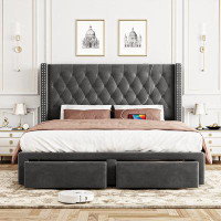 House of Hampton Tall Headborad Velvet Upholstered Bed Frame, Tufted Wingback Bed Frame With Storage Drawers
