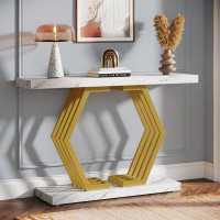 Mercer41 Gold Console Table, Modern 39.4-Inch Entryway Table With Geometric Metal Base, Faux Marble Narrow Sofa Foyer Ta