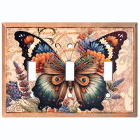 WorldAcc Metal Light Switch Plate Outlet Cover (Colourful Monarch Butterfly Damask Letter - Triple Toggle)