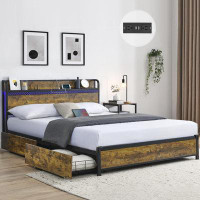 17 Stories Williard Storage Platform, King Size LED Bed Frame with Bookcase Headboard 4 Storage Drawers