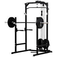 POWER CAGE, POWER RACK WITH LAT PULLDOWN ATTACHMENT, PULL-UP BAR, T BAR ROW LANDMINE AND DIP HANDLE, STRENGTH TRAINING W