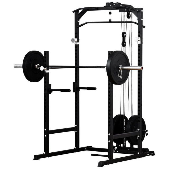 POWER CAGE, POWER RACK WITH LAT PULLDOWN ATTACHMENT, PULL-UP BAR, T BAR ROW LANDMINE AND DIP HANDLE, STRENGTH TRAINING W in Exercise Equipment