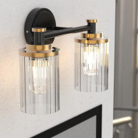 Everly Quinn Sephira Bathroom Lighting Fixtures Black And Gold Vanity Light With Cylindrical Clear Stripes Glass Lampsha