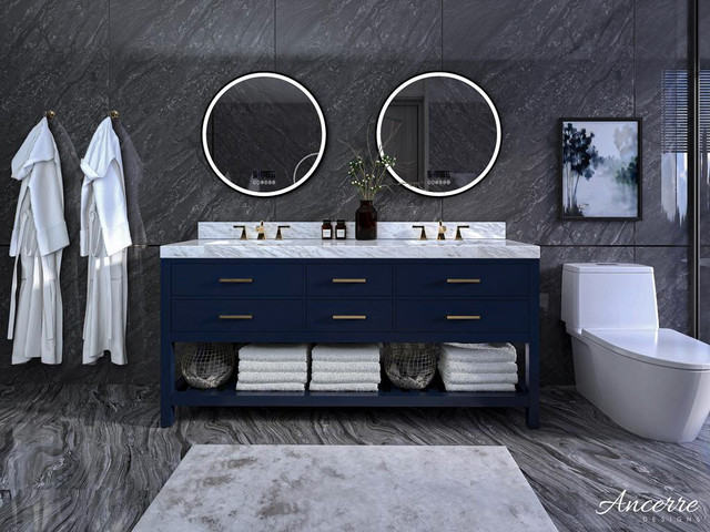 72 Inch Elizabeth Bathroom Vanity with Double Sink and Carrara White Marble Top Cabinet Set in 4 Finishes  ANC in Cabinets & Countertops - Image 3