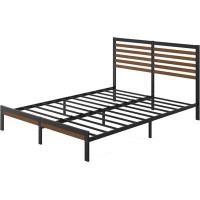 VLING Metal Platform Bed Frame With Headboard / No Box Spring Needed,Brown