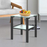 Ivy Bronx Simple Side Table With Square Tempered Glass Top, Iron Tube Legs