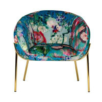 Everly Quinn Curved Floral Pattern Fabric Accent Chair With Metal Legs, Blue And Gold
